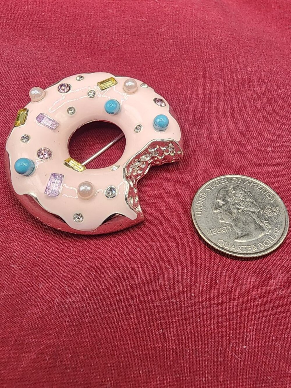 Napier Donut Brooch Pink Enamel Rhinestones Novelty Pin - Picture 2 of 3